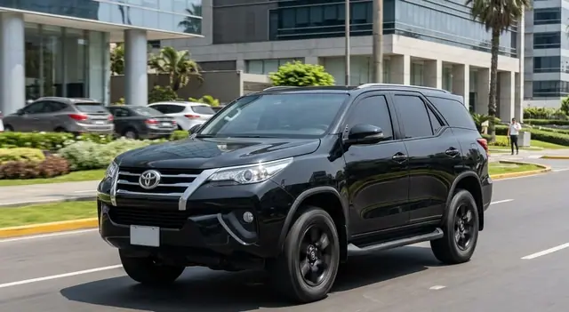 Toyota Fortuner negra en una avenida con edificios de oficinas