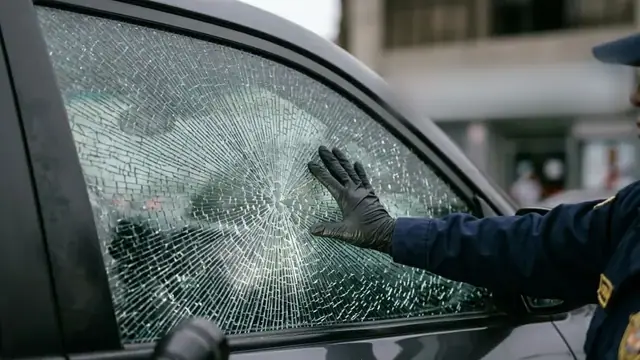 Ventana lateral de un auto con el vidrio fracturado